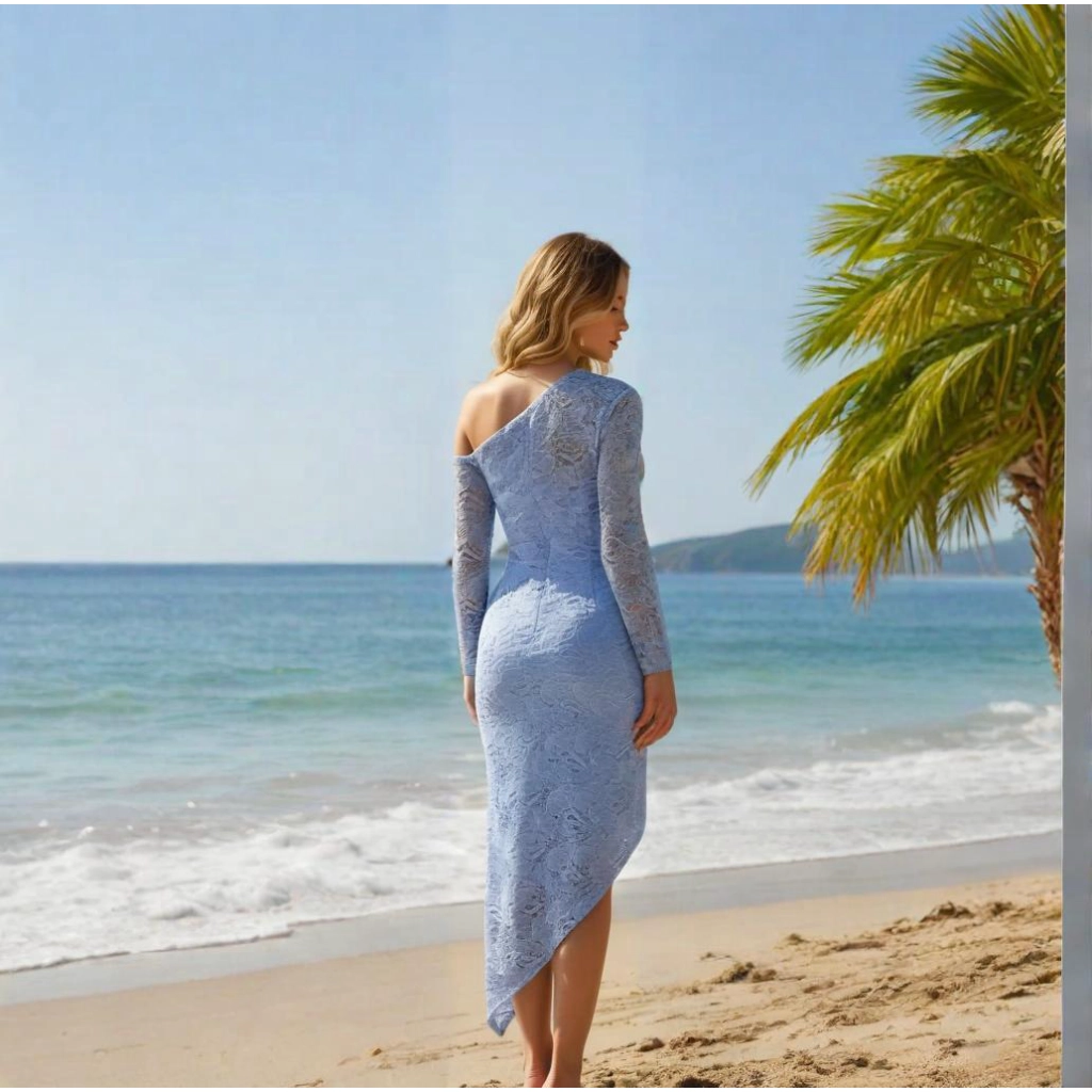 Second image of Light blue lace off-the-shoulder long-sleeved fitted midi skirt