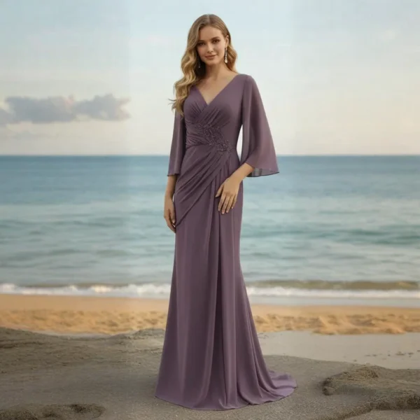 Deep Purple Chiffon V-Neck Beaded Fishtail Train Evening Gown