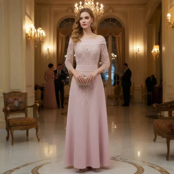 Nude Pink Lace Off-the-Shoulder Ball Gown