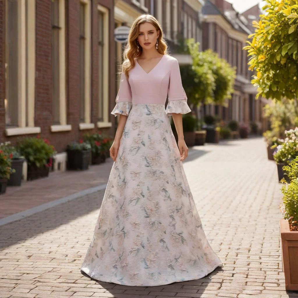 Nude Pink Contrasting Color 3D Floral V-Neck Trailing Train Evening Gown