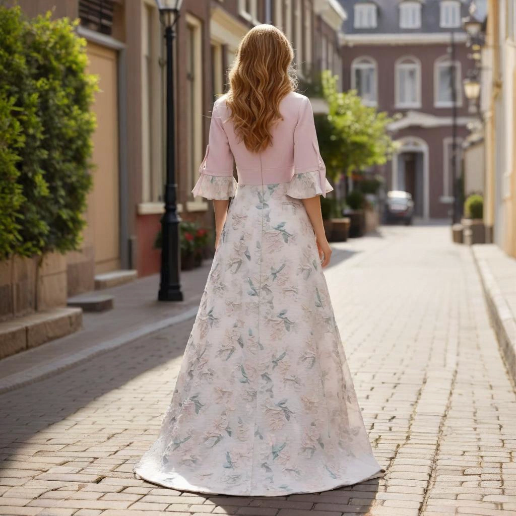 Second image of Nude Pink Contrasting Color 3D Floral V-Neck Trailing Train Evening Gown