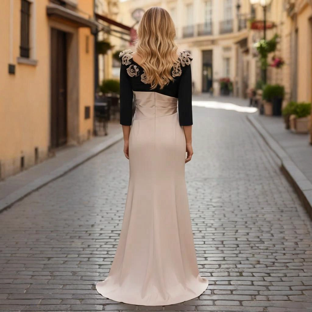 Second image of Black and nude color-blocked 3D floral V-neck mermaid-style evening gown