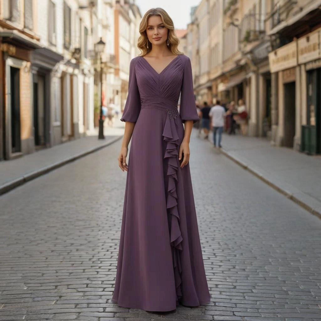 Purple V-neck Lantern sleeve formal gown with layered pleats and beadwork