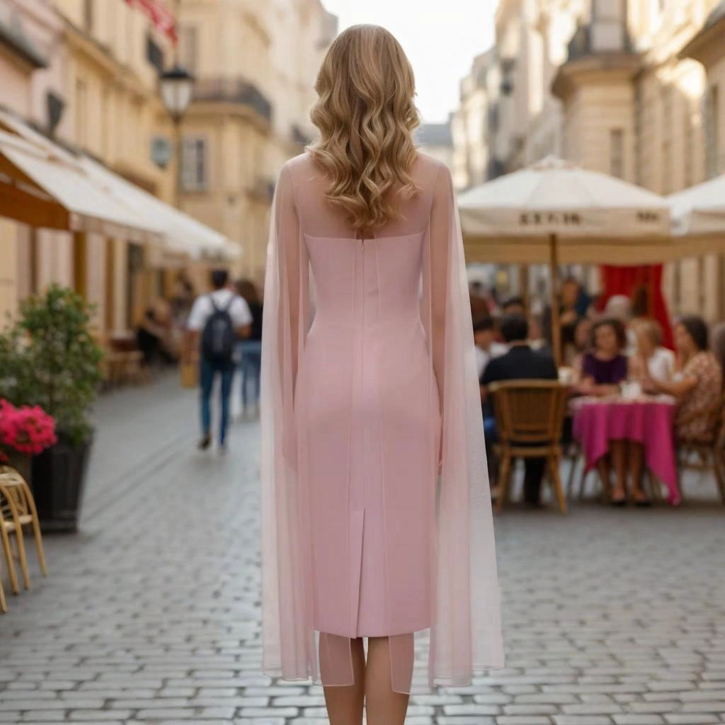 Second image of Nude Pink Sheer Sleeve Fitted Midi Skirt
