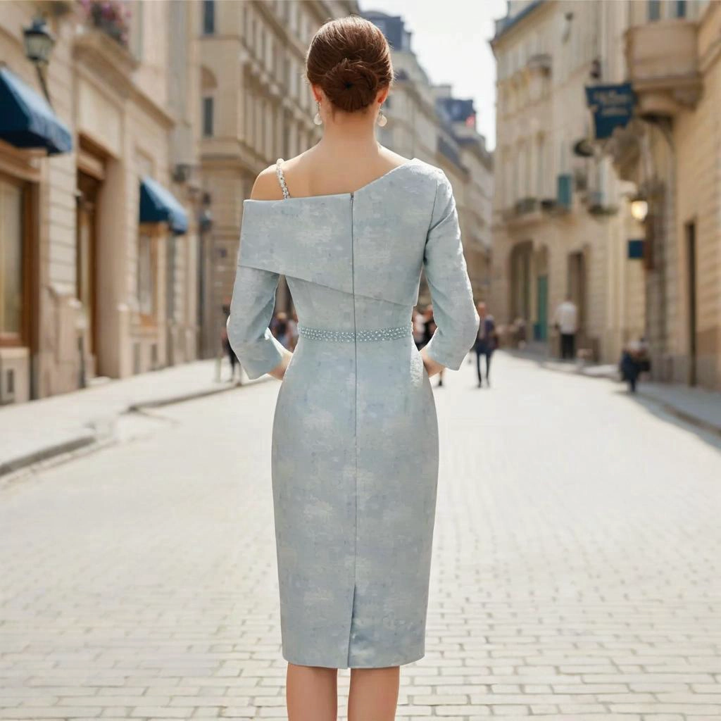 Second image of Smoky Blue Jacquard Off-Shoulder Beaded Evening Gown