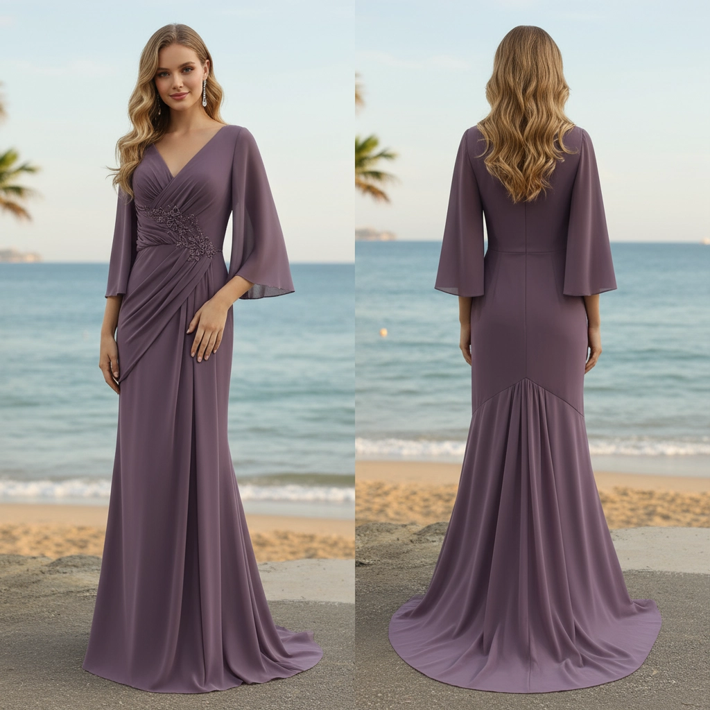 Deep purple chiffon V-neck mid-length sleeve ruffled fishtail formal evening gown, adorned with floral appliqués