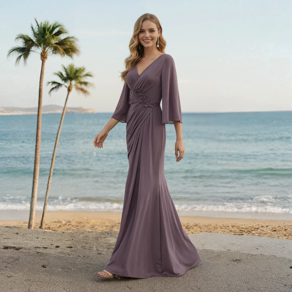 Second image of Deep purple chiffon V-neck mid-length sleeve ruffled fishtail formal evening gown, adorned with floral appliqués
