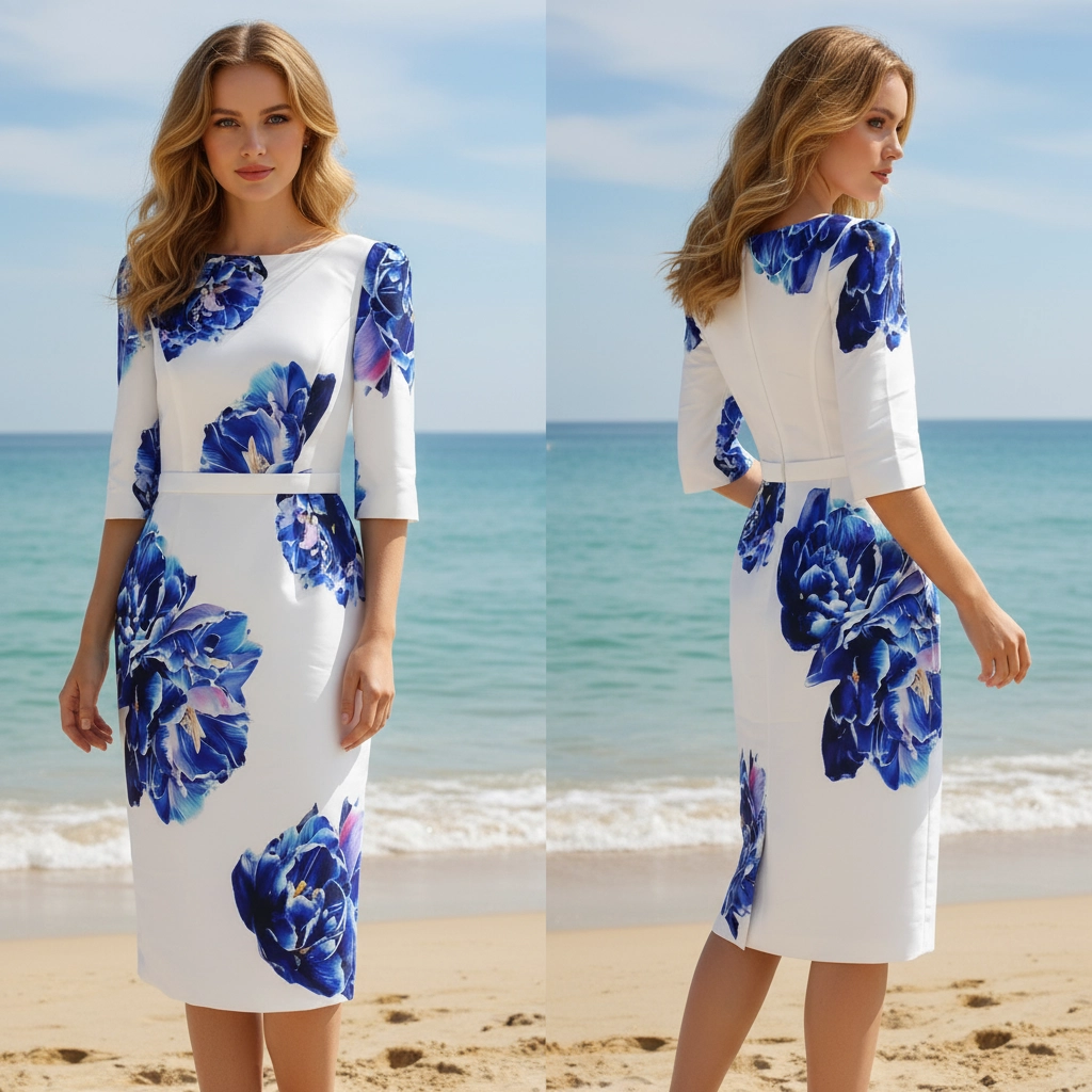 White and Blue Floral Print Waist-Defining Mid-Sleeve Formal Dress