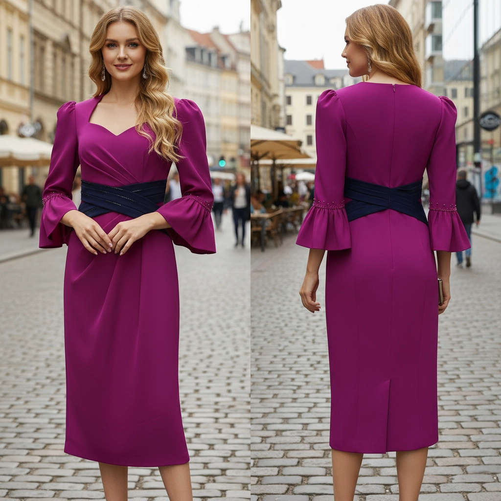 Purple-red square-neck, mid-length sleeves, fitted waist gown, adorned with a deep blue crisscross belt and beaded cuffs.