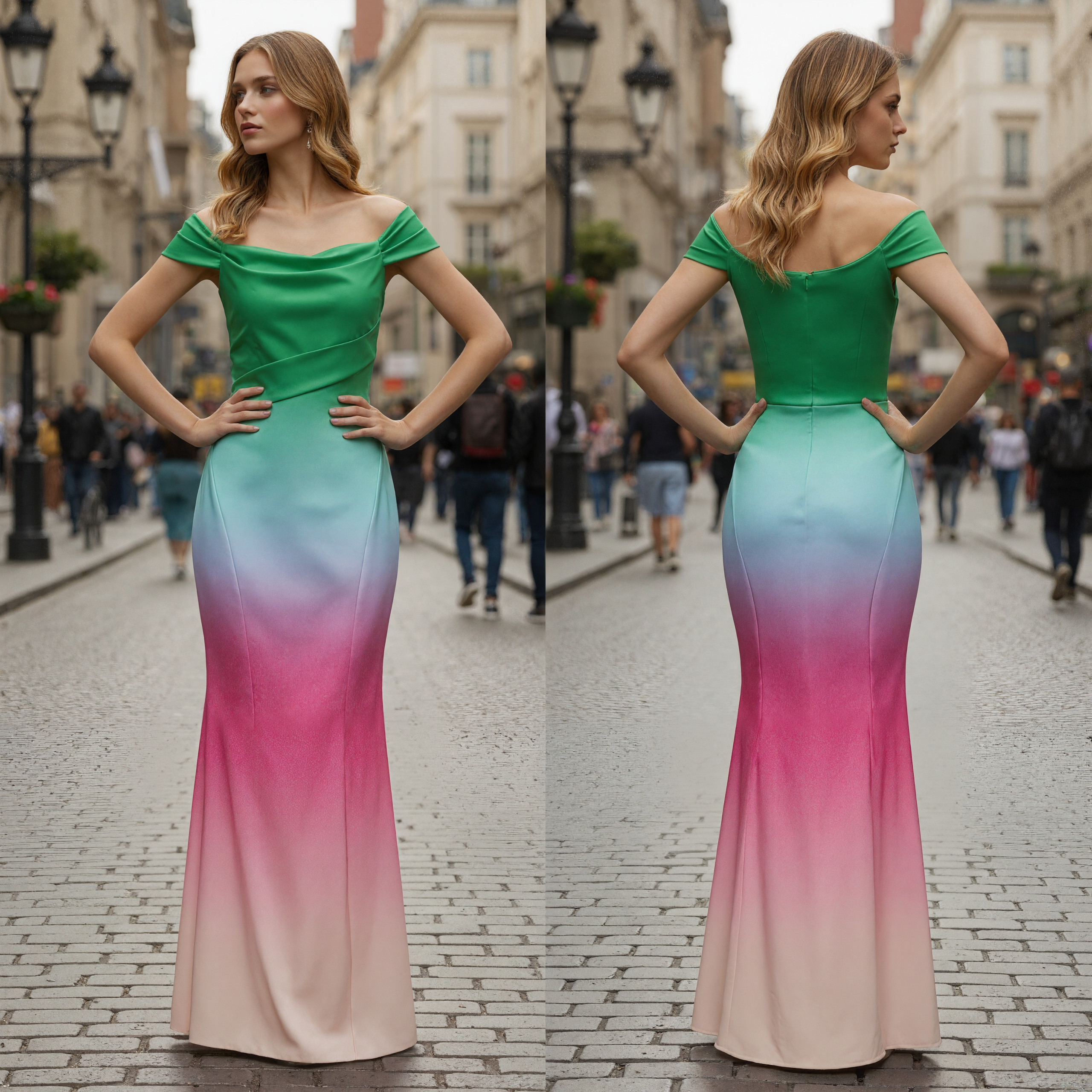 Green-Blue-Pink Ombre Satin Strapless Fishtail Formal Evening Gown