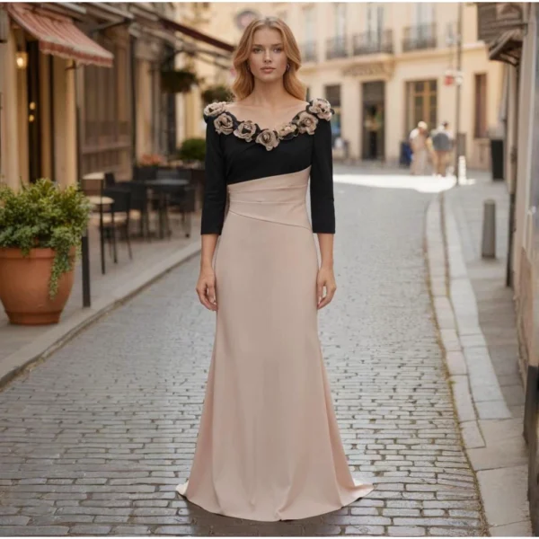 Black and nude color-blocked 3D floral V-neck mermaid-style evening gown