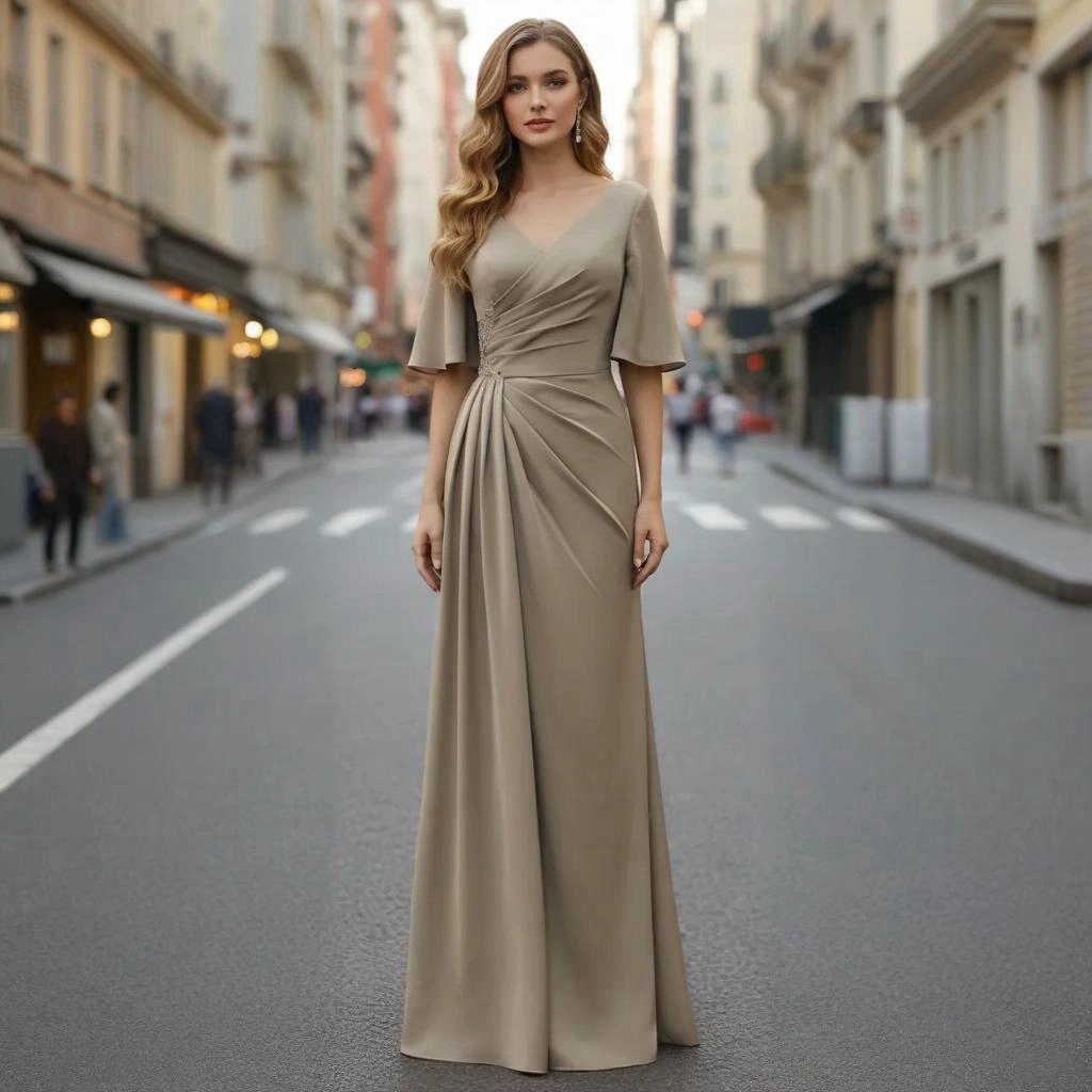 Khaki Satin V-Neck Twisted Fishtail Train Gown