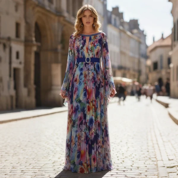 Printed Chiffon Long-Sleeve Ball Gown with Full Skirt
