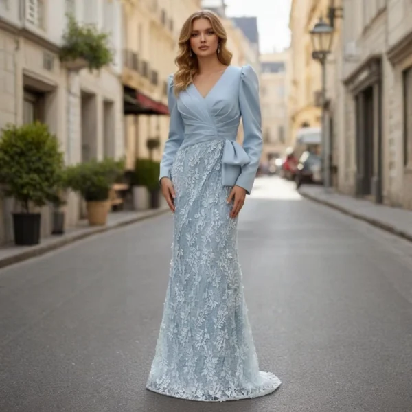 Smoky Blue Lace Puff Sleeve Mermaid Train Gown