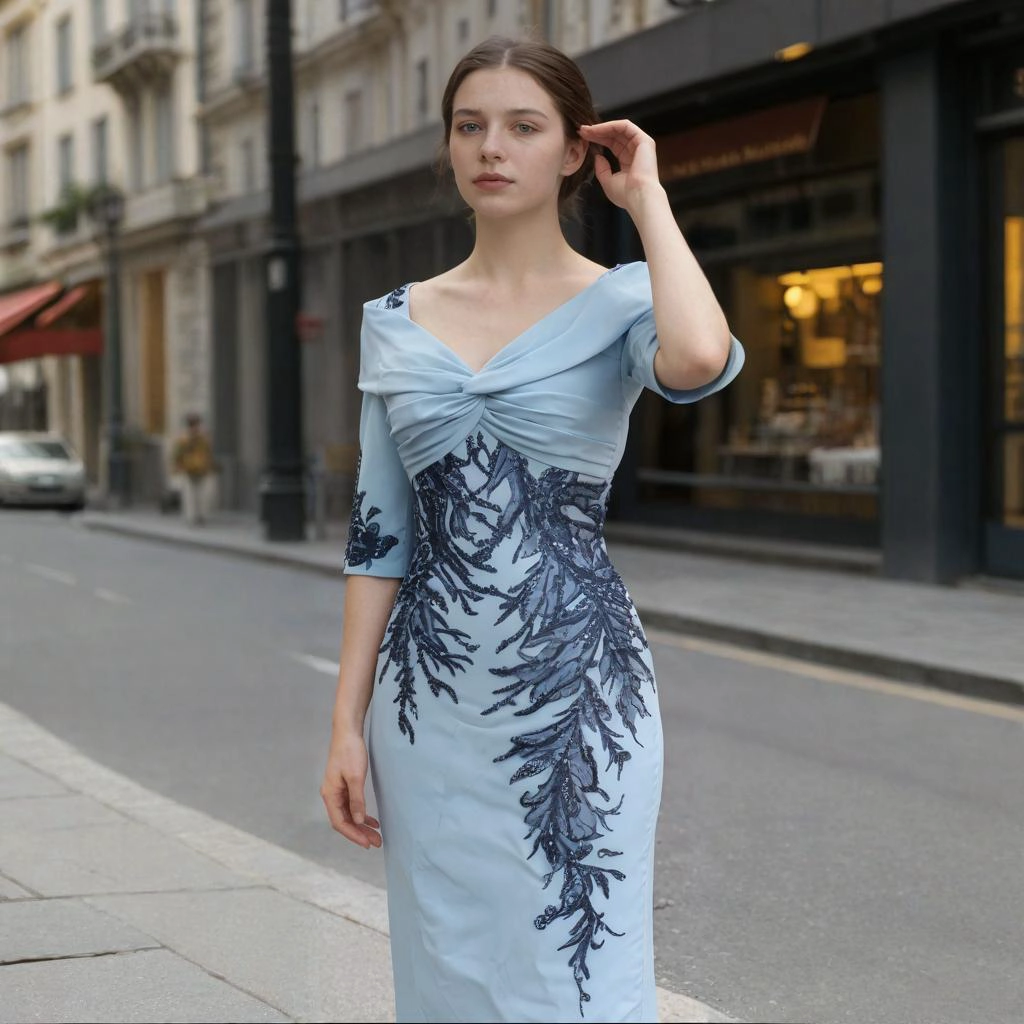 Light Blue and Dark Blue Sequined Off-the-Shoulder Fitted Midi Skirt