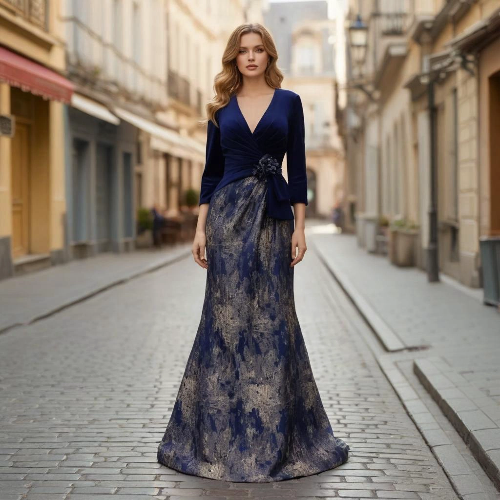 Navy Blue and Gold Print V-Neck Backless Fishtail Train Evening Gown
