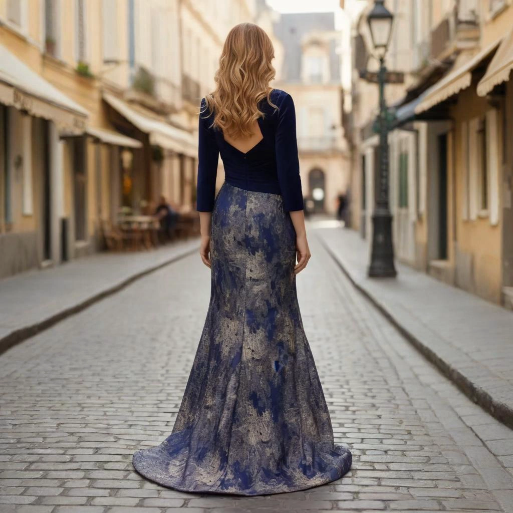 Second image of Navy Blue and Gold Print V-Neck Backless Fishtail Train Evening Gown
