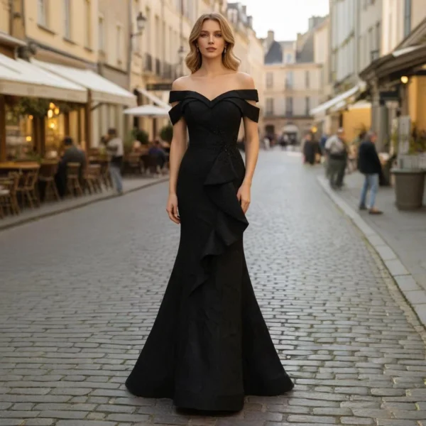 Black Jacquard Off-Shoulder Ruffled Fishtail Train Evening Gown