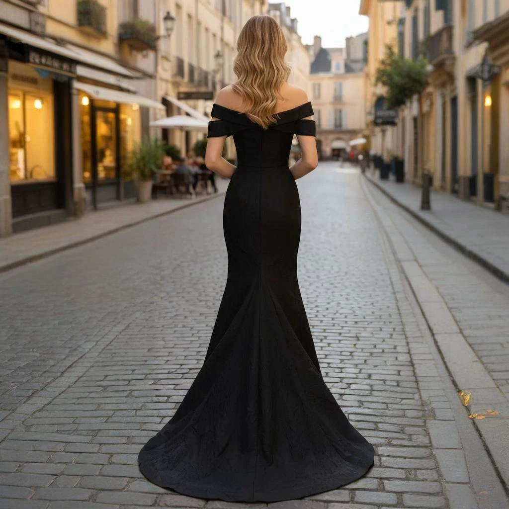 Second image of Black Jacquard Off-Shoulder Ruffled Fishtail Train Evening Gown