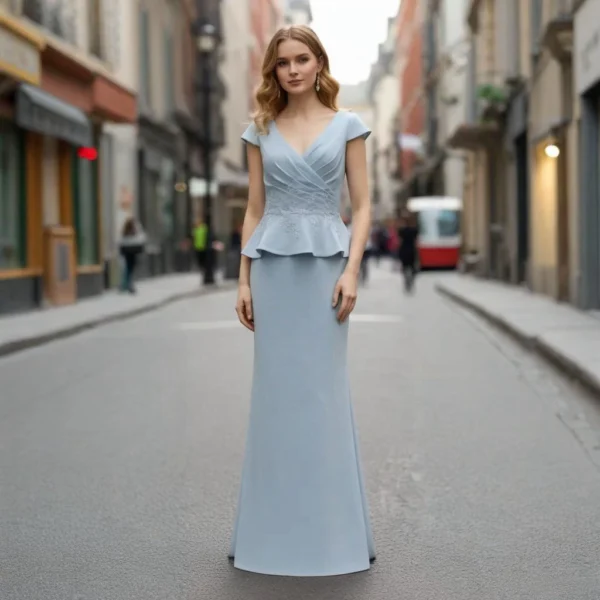 Smoky Blue Beaded Ruffled Cap-Sleeve Fishtail Gown with Train