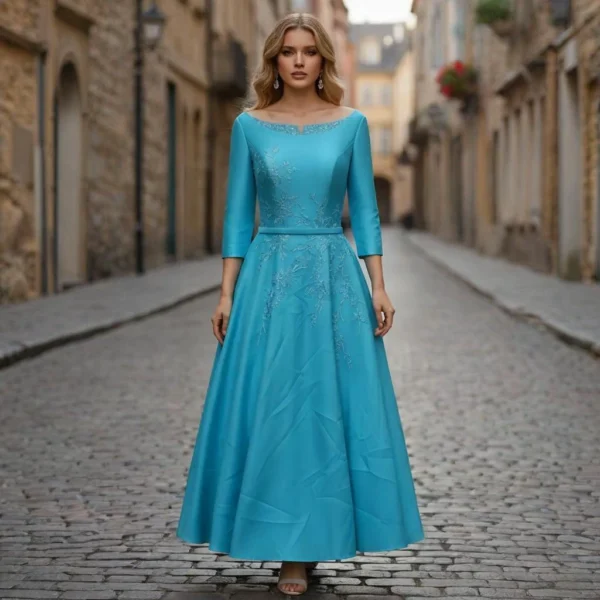 Lake Blue Embroidered Three-Quarter Sleeve Ball Gown
