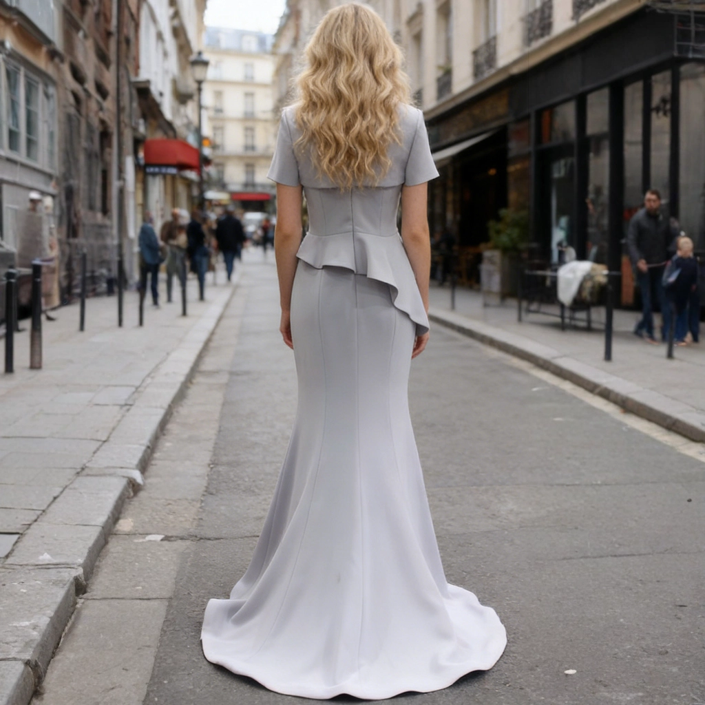 Second image of Smoky Blue Ruffled Cap-Sleeve Fishtail Gown with Train and Matching Jacket