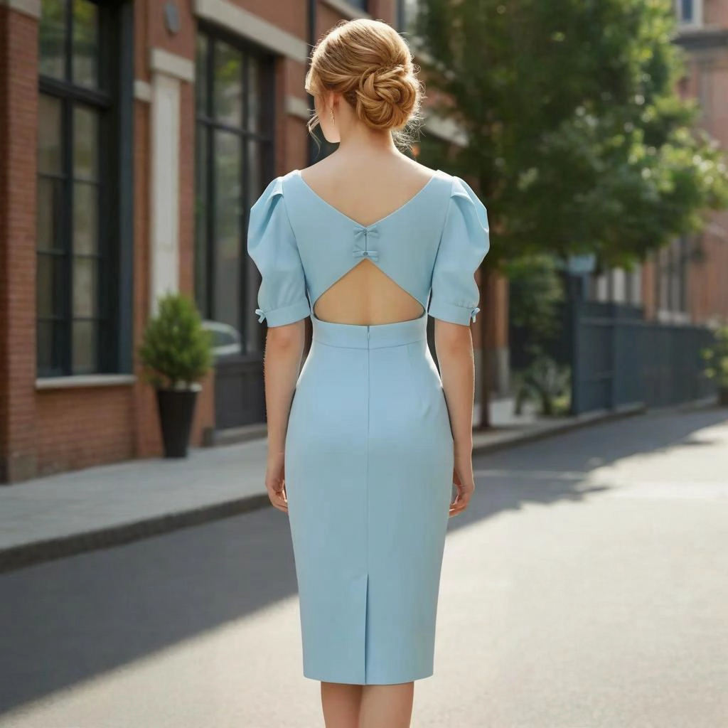 Second image of Light Blue Puff Sleeve Bow-Tie Backless Fitted Midi Skirt