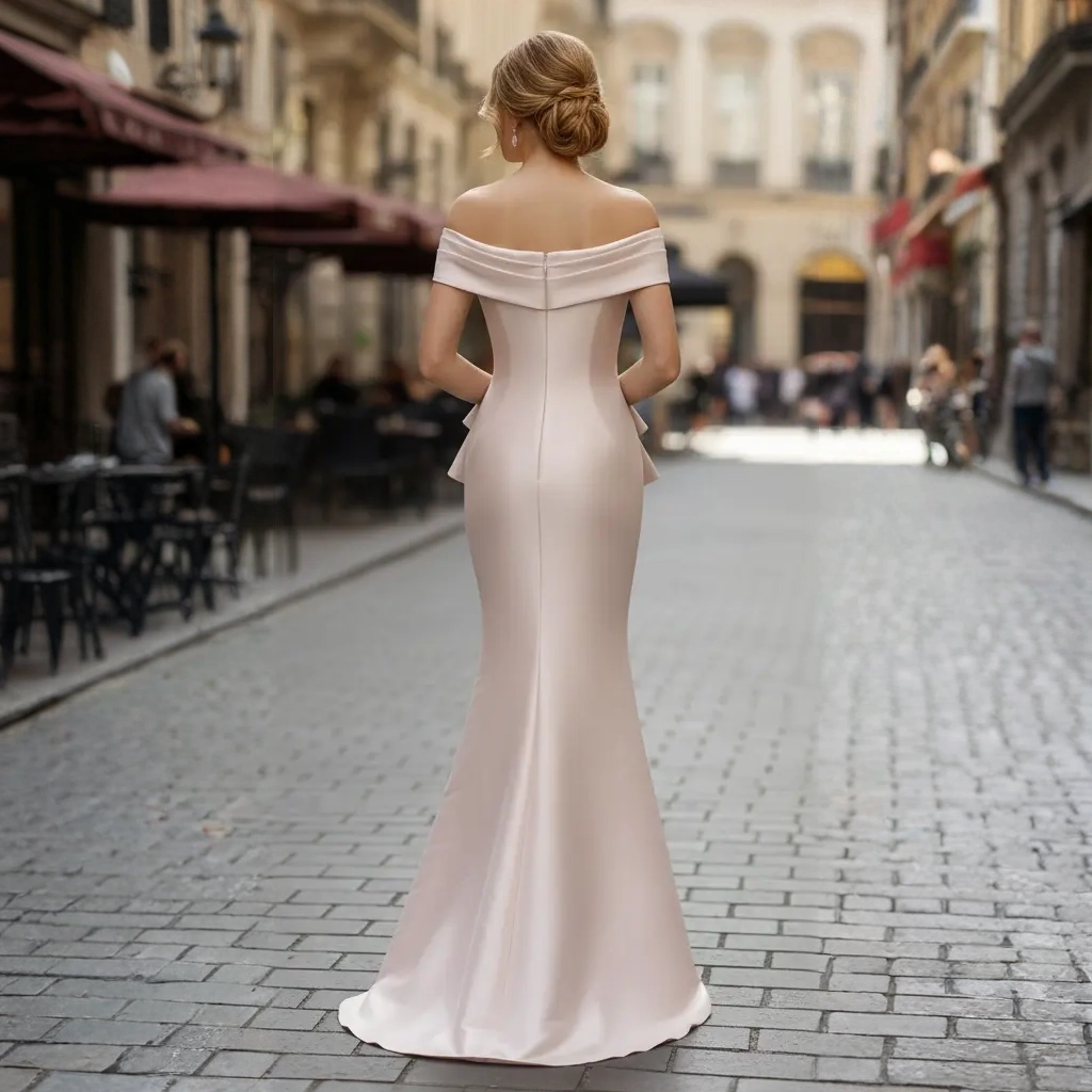 Second image of Nude Pink Satin Off-the-Shoulder Twisted Fishtail Train Gown