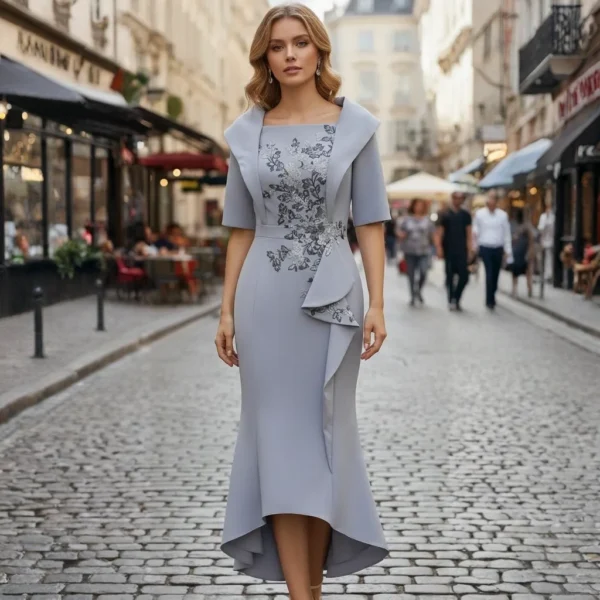 Smoky Blue Block-Print Shawl Collar Fishtail Midi Skirt