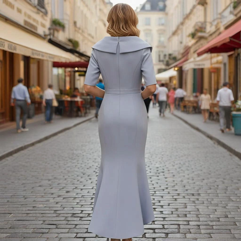 Second image of Smoky Blue Block-Print Shawl Collar Fishtail Midi Skirt