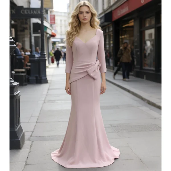 Nude Pink Satin V-Neck Bow-Tie Fishtail Train Gown