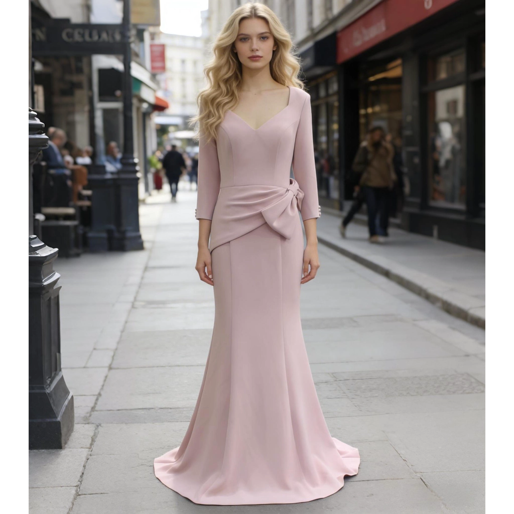 Nude Pink Satin V-Neck Bow-Tie Fishtail Train Gown