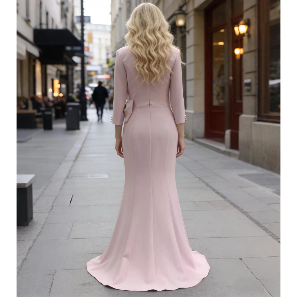 Second image of Nude Pink Satin V-Neck Bow-Tie Fishtail Train Gown