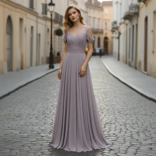 Beige Chiffon Strapless Beaded Ball Gown with Full Skirt