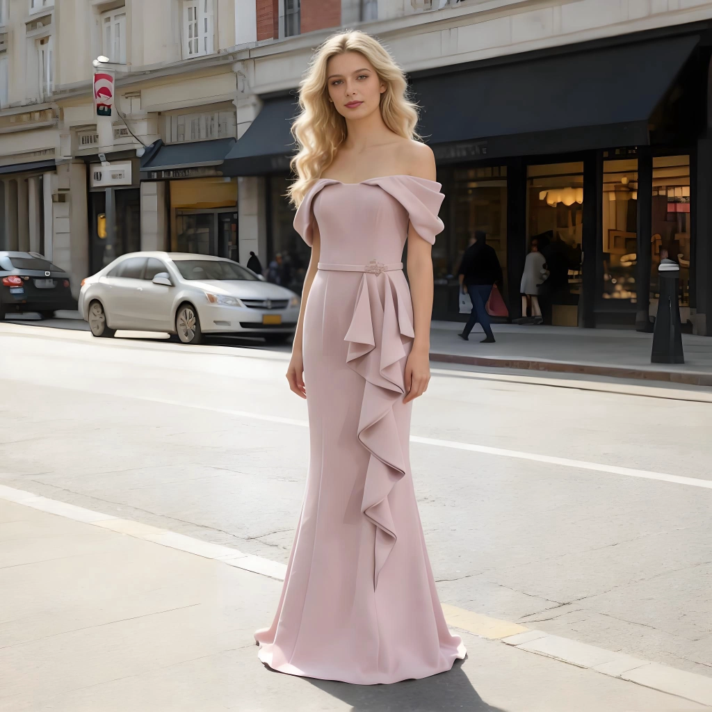 Nude Pink Off-the-Shoulder Ruffled Fishtail Evening Gown