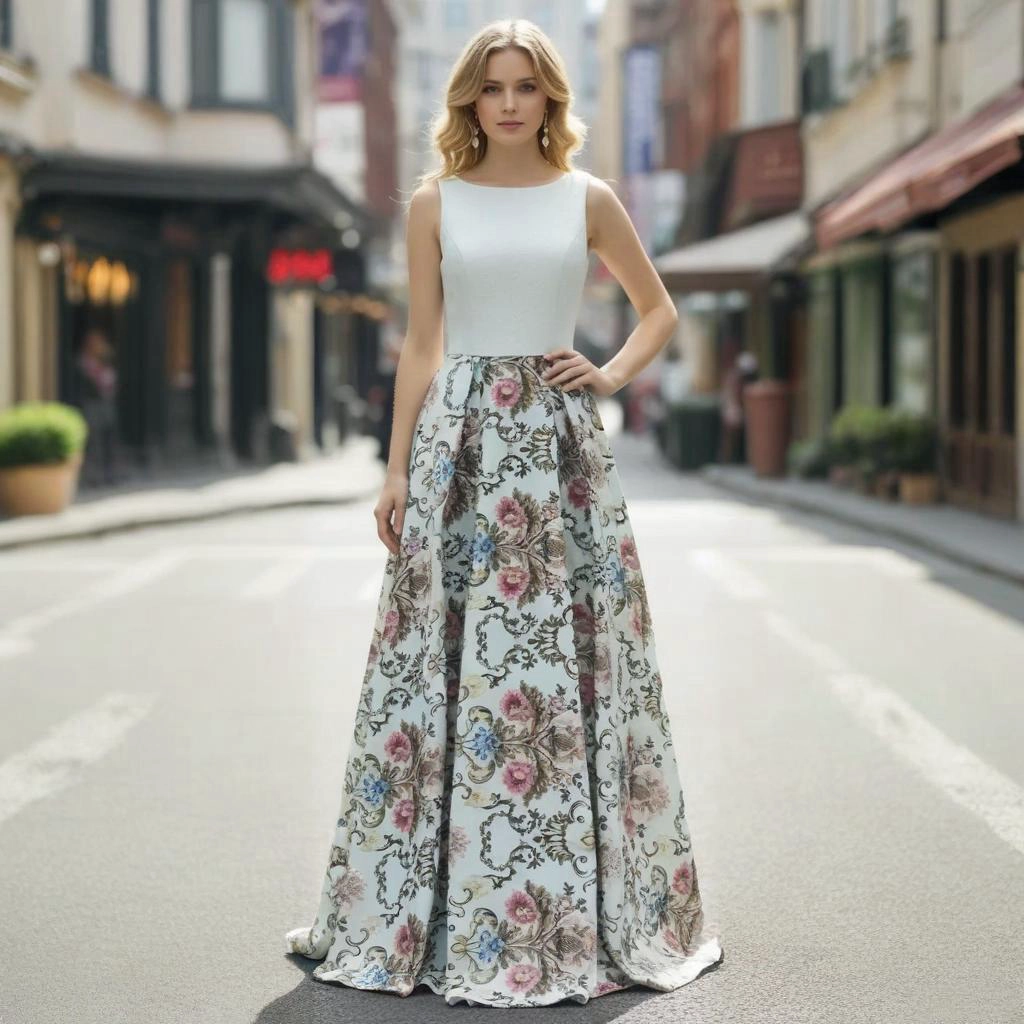 Light Blue Jacquard Print Sleeveless Ball Gown