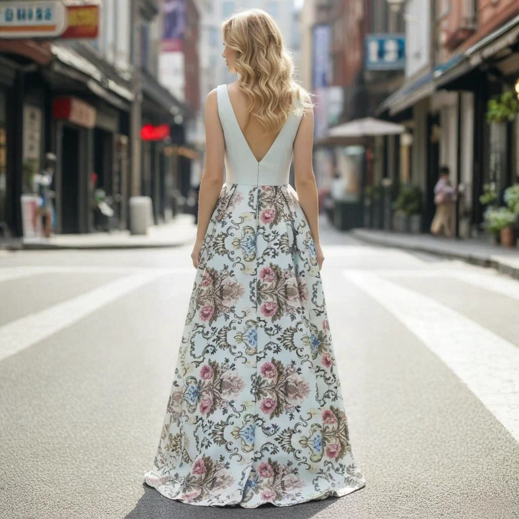 Second image of Light Blue Jacquard Print Sleeveless Ball Gown