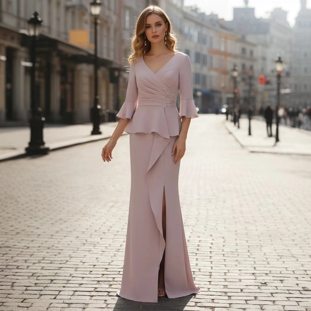 Nude Pink V-Neck Beaded Bell-Sleeve Fishtail Split Evening Gown