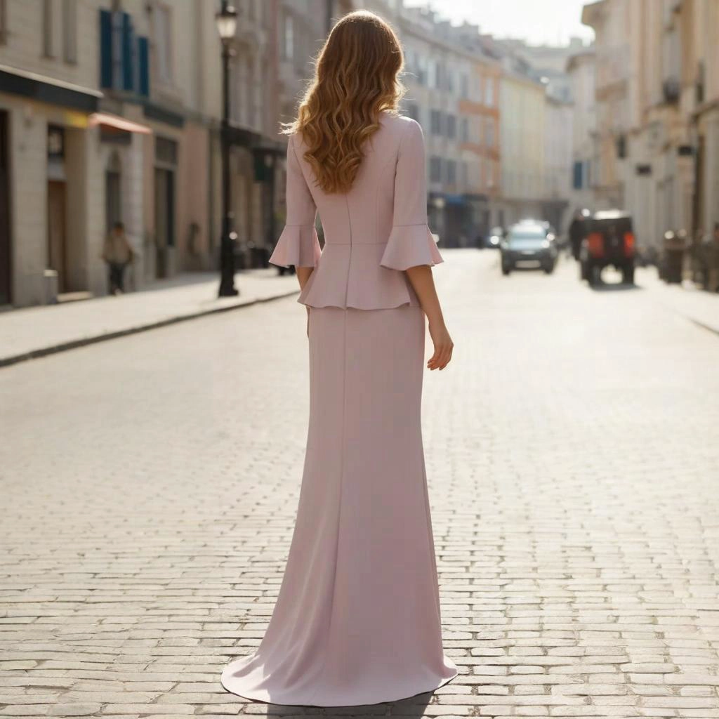 Second image of Nude Pink V-Neck Beaded Bell-Sleeve Fishtail Split Evening Gown