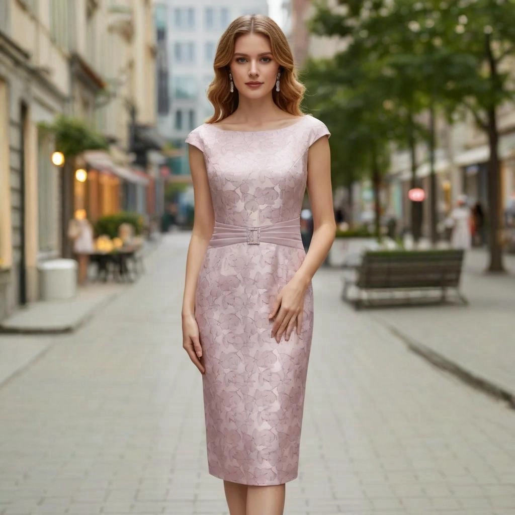 Nude Pink Jacquard 3D Floral Short-Sleeve Fitted Midi Skirt
