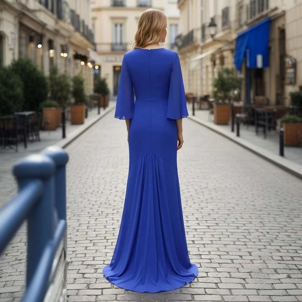 Second image of Royal Blue V-Neck Twisted Bell-Sleeve Fishtail Train Evening Gown