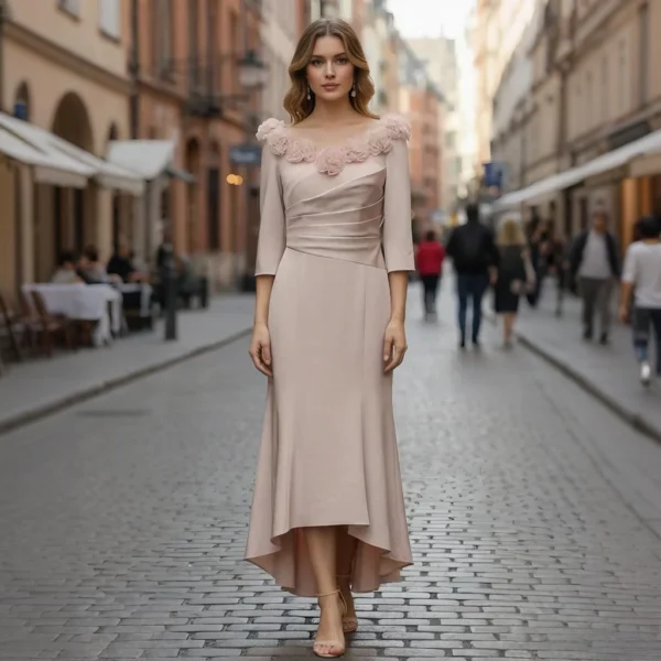 Champagne-Colored 3D Floral V-Neck Three-Quarter Sleeve Fishtail Evening Gown