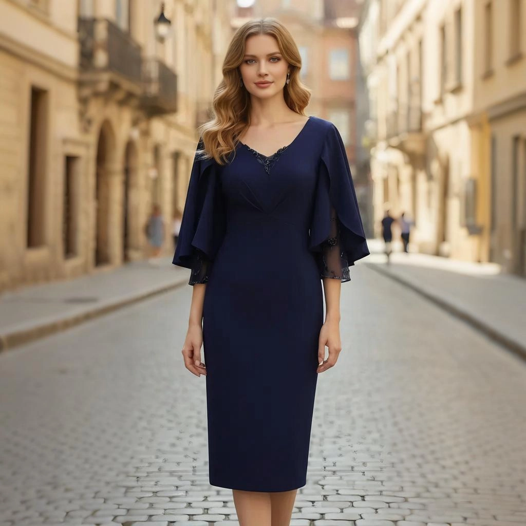 Navy V-neck beaded bell-sleeve fitted midi skirt