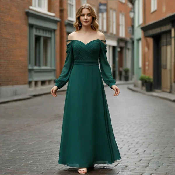 Dark Green Off-the-Shoulder Chiffon Long-Sleeved Ball Gown