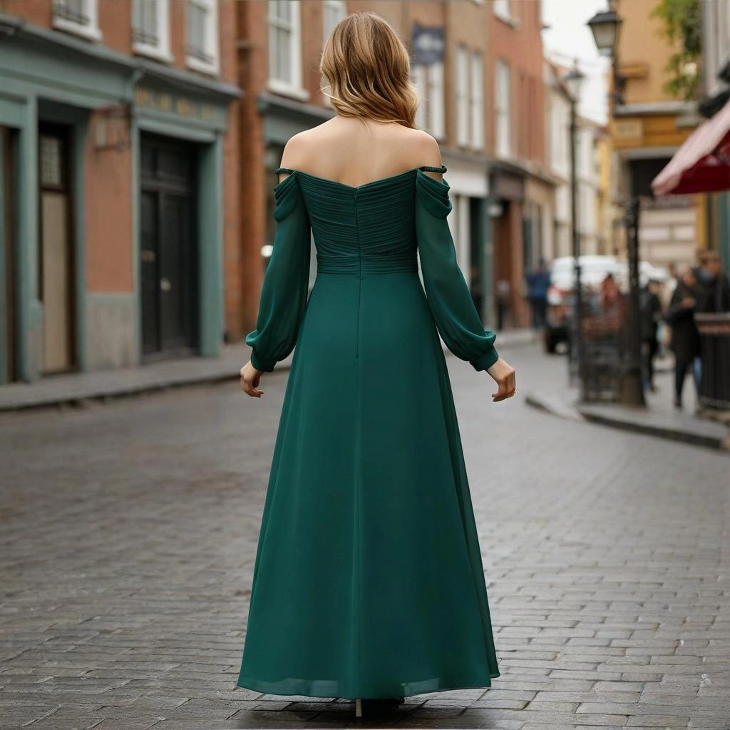 Second image of Dark Green Off-the-Shoulder Chiffon Long-Sleeved Ball Gown