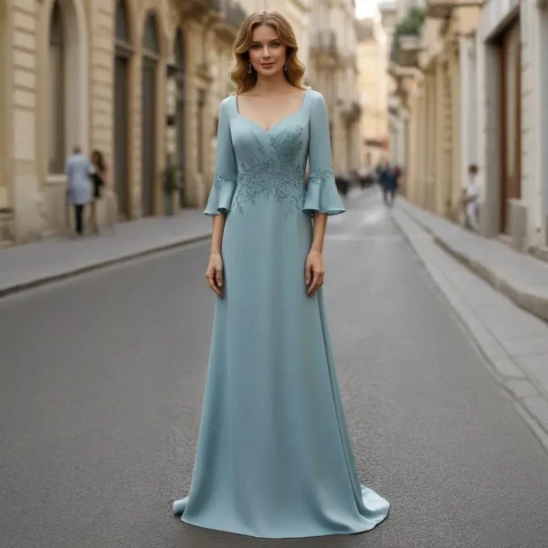 Light Blue V-Neck Embroidered Bell-Sleeve Train Dress