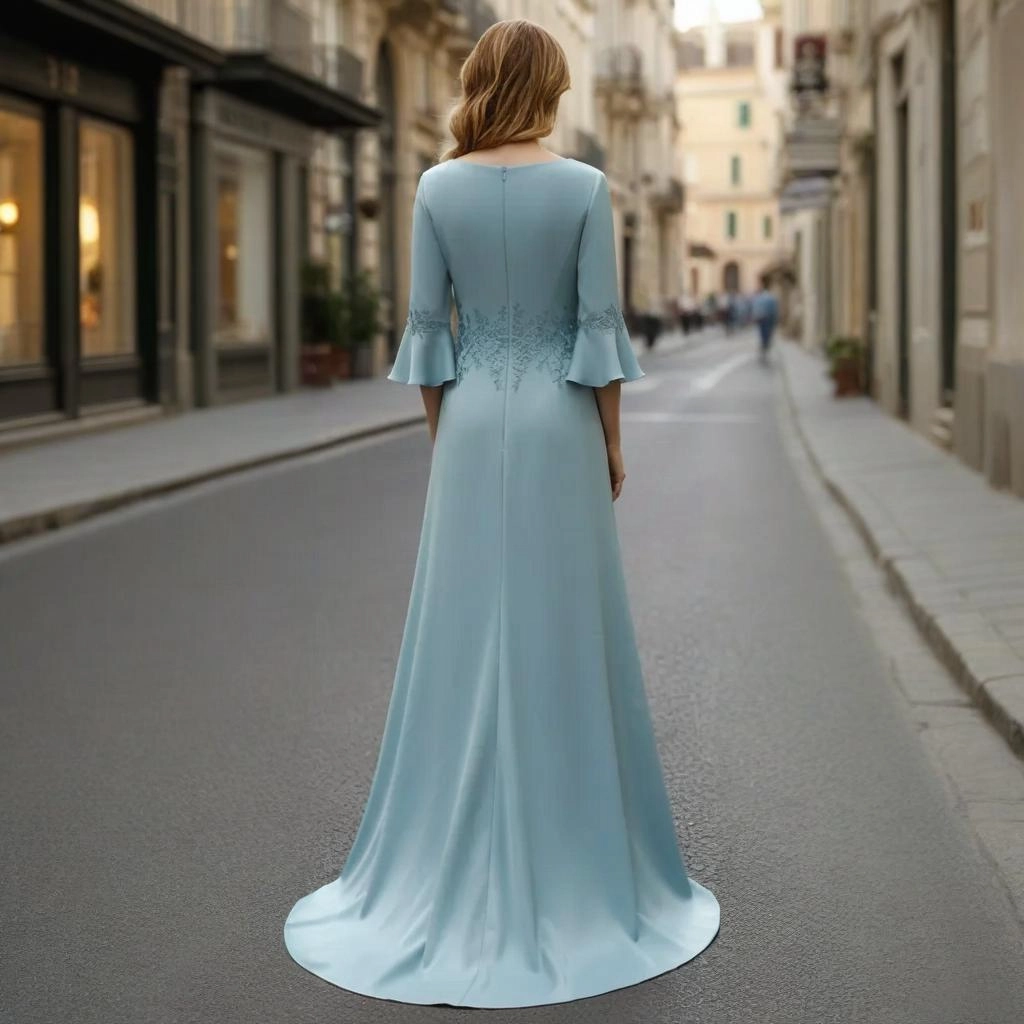 Second image of Light Blue V-Neck Embroidered Bell-Sleeve Train Dress