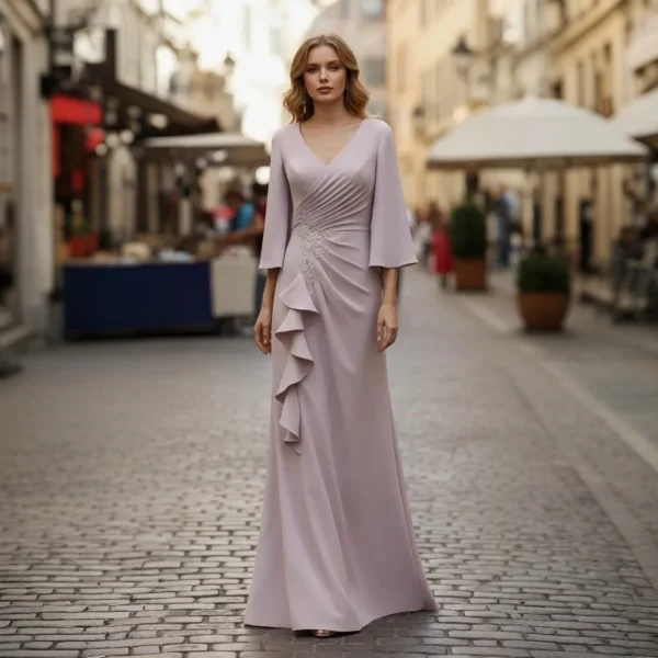 Nude Pink V-Neck Beaded Ruffled Bell-Sleeve Fishtail Evening Gown