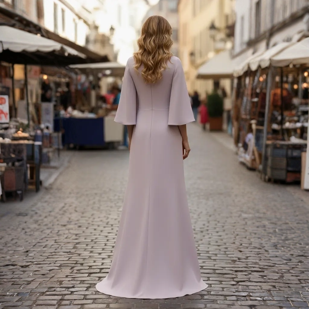 Second image of Nude Pink V-Neck Beaded Ruffled Bell-Sleeve Fishtail Evening Gown