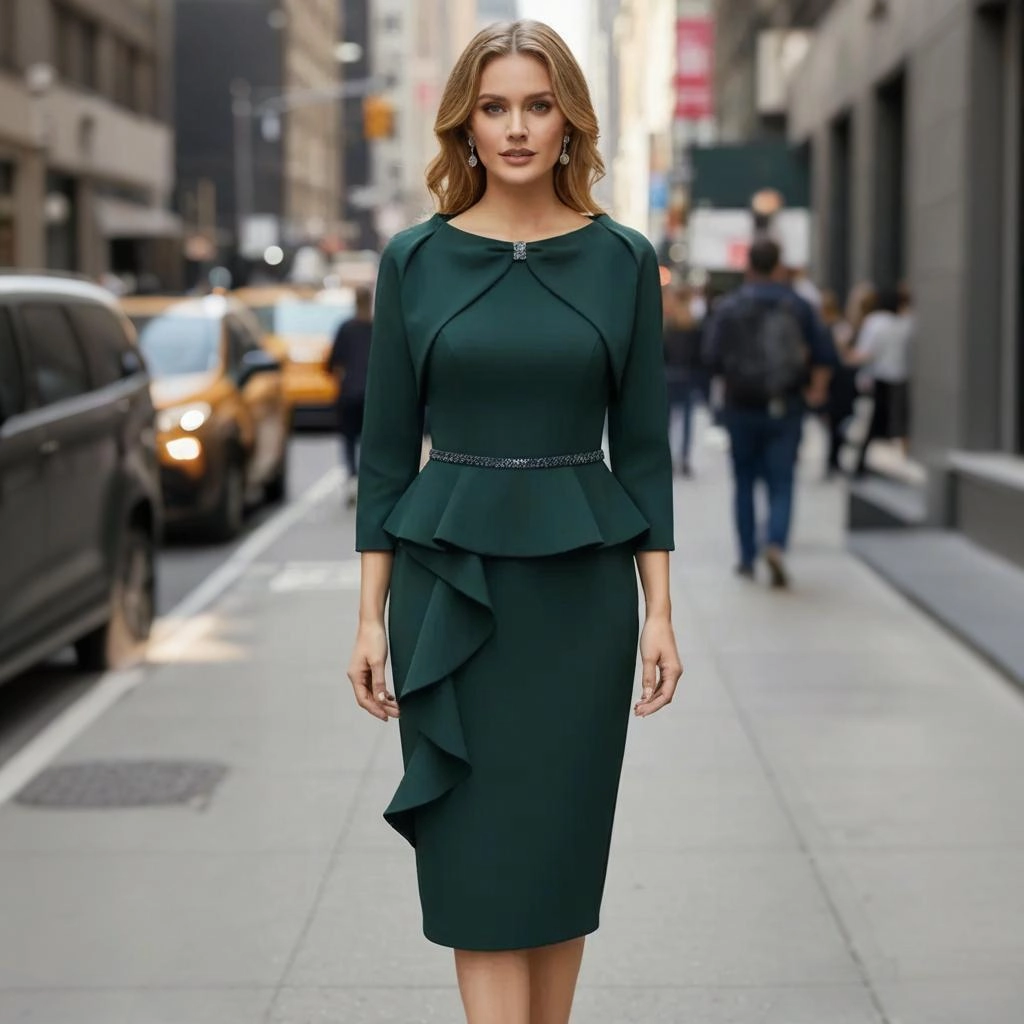 Dark Green Beaded Ruffled Three-Quarter Sleeve Fitted Midi Skirt